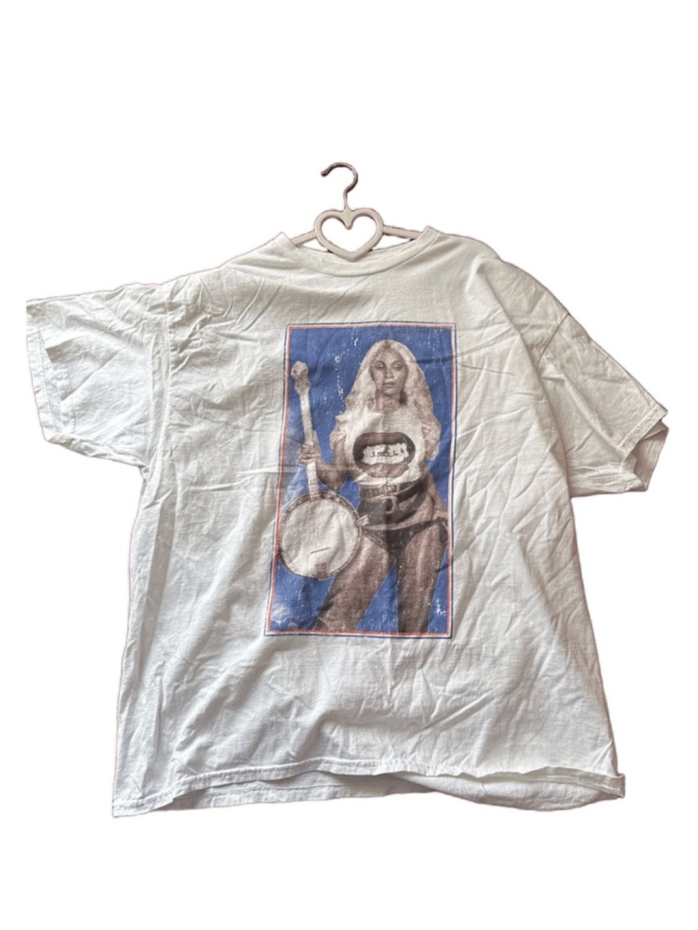 Graphic White Tee with Blue/Beige Vintage Print